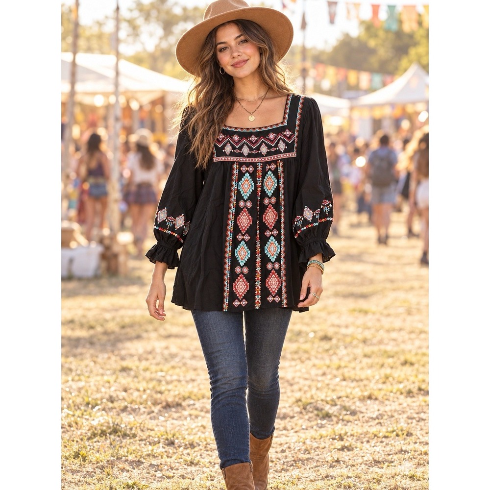 Savanna Jane Womens Medium Black Floral Embroidered Boho Peasant Artsy Tunic Top